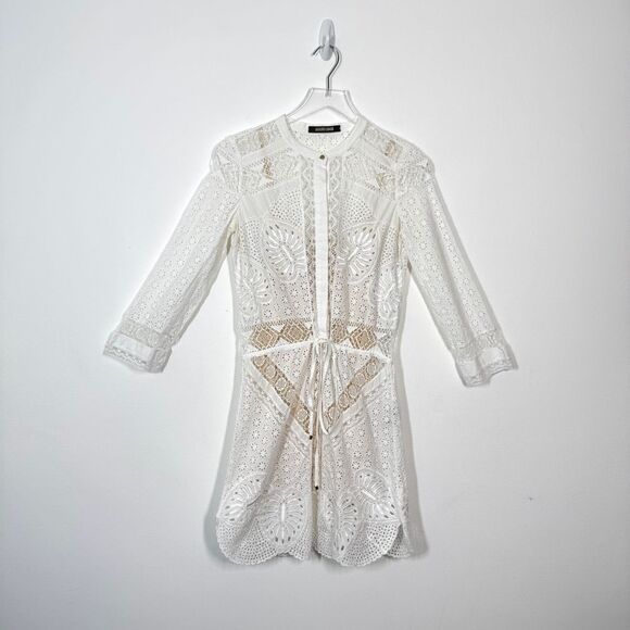 Roberto Cavalli Women's Size 2 White Eyelet Lace Embroidered 3/4 Sleeve Dress